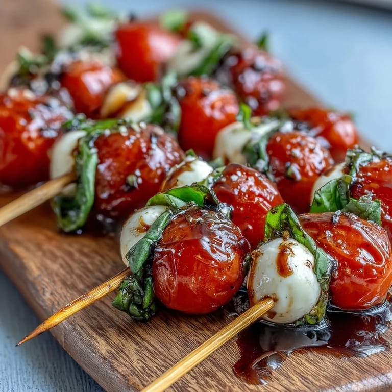 Bright mini Caprese salad skewers arranged with tomatoes, mozzarella, and fresh basil leaves.