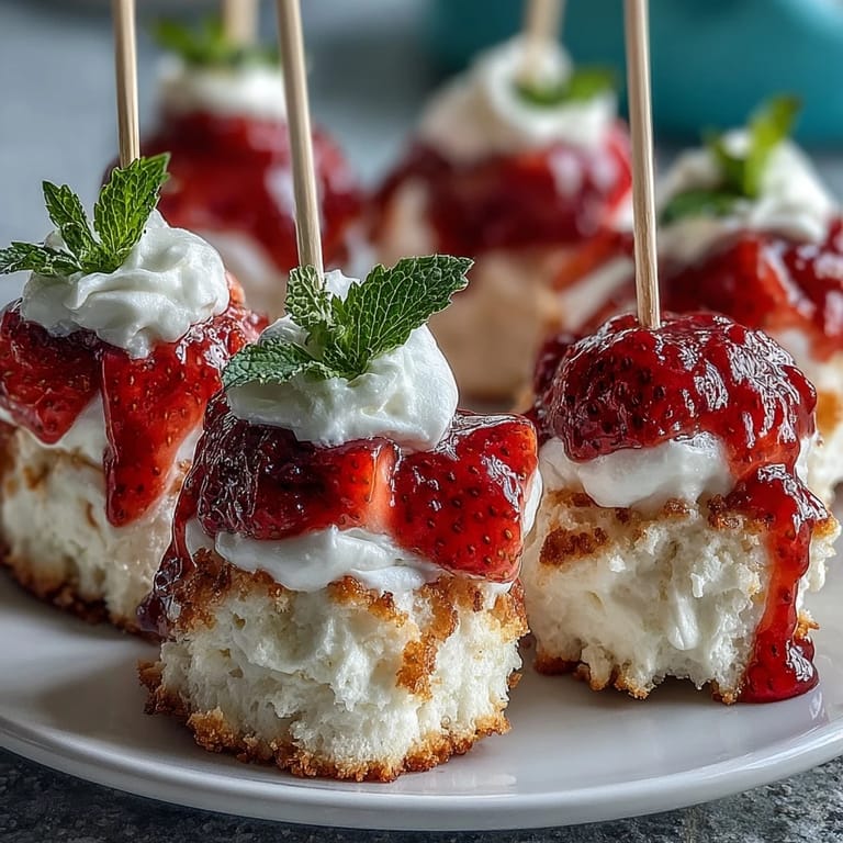 Delectable mini strawberry shortcake bites, perfect for parties, piled high on skewers.