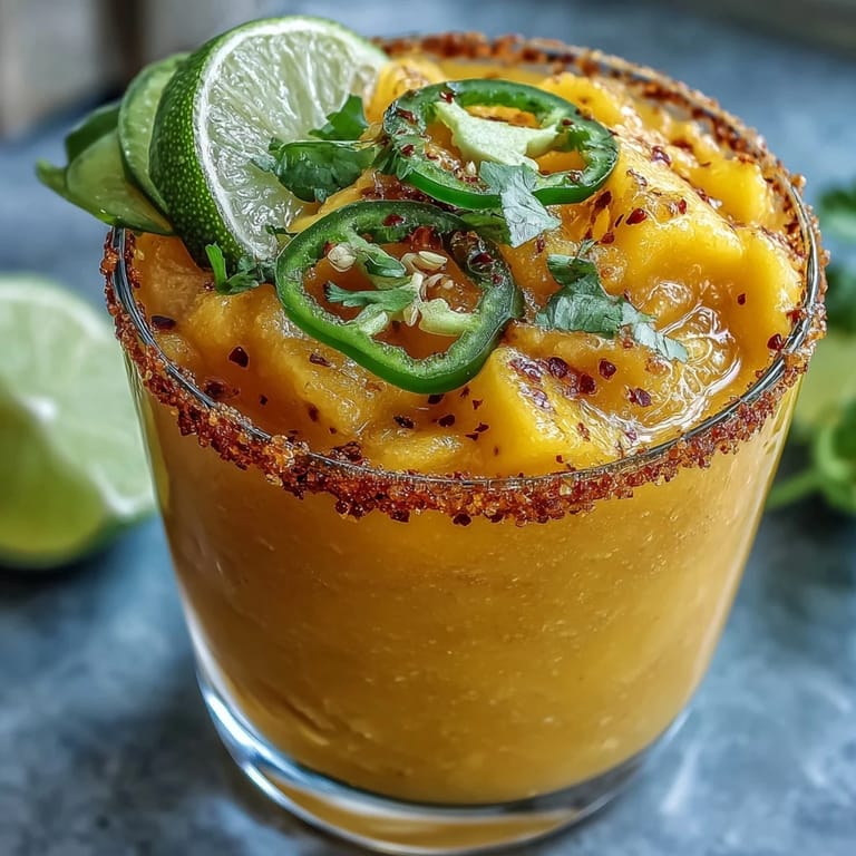 Fruity spicy mango margarita slushie, a vibrant frosty drink with sweet and zesty notes.