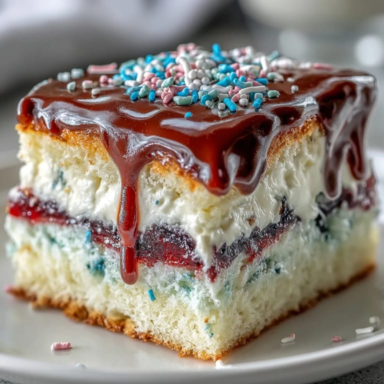 Showstopping Patriotic Poke Cake featuring vibrant fruit gelatin and creamy white chocolate.