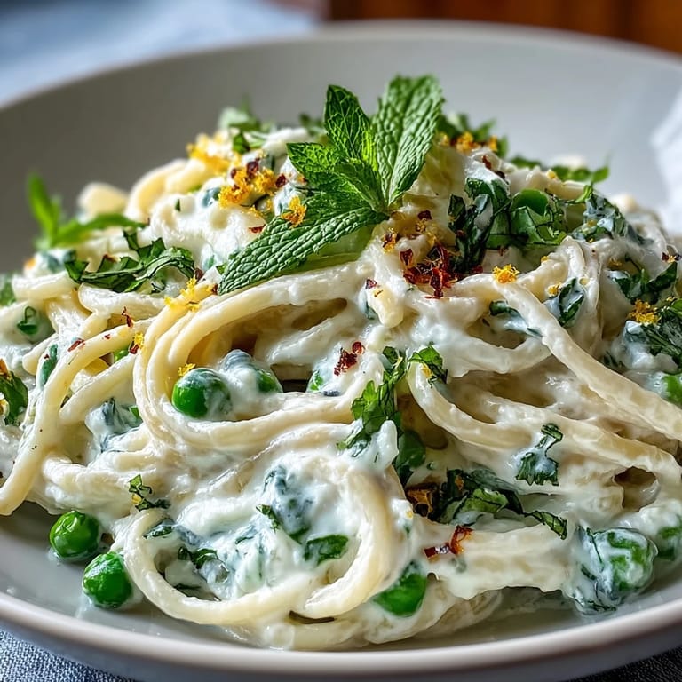 Delicious pan of Lemon Ricotta Pasta, bright lemon, sweet peas, mint.