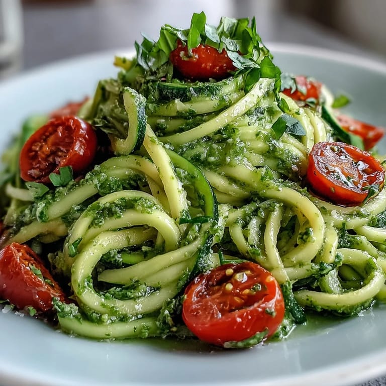 Fresh Zucchini Noodles with Avocado Pesto, lightly sautéed and coated.