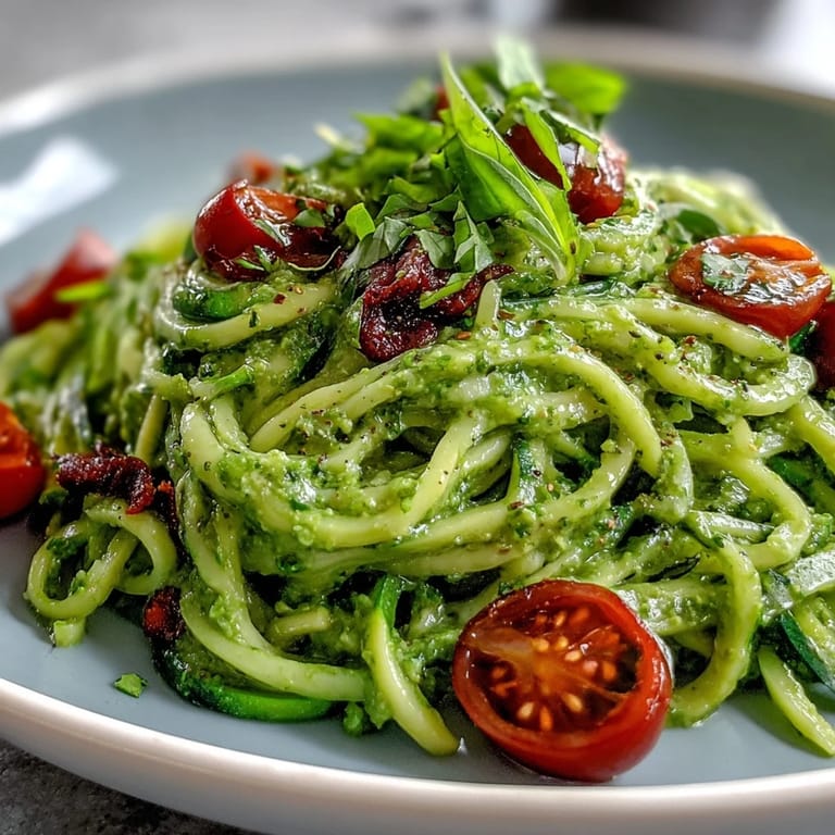 Delicious Avocado Pesto tossed with tender Zucchini Noodles, perfect for lunch.