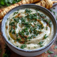 Creamy Parsnip and Herb Soup garnished with fresh chives and a swirl of cream in a rustic bowl.