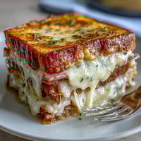Golden-brown Croque Monsieur Casserole bubbling with melted Gruyère cheese and creamy béchamel sauce in a baking dish.