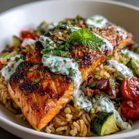 Pan-seared salmon atop golden, crispy rice Mediterranean bowl with zesty lemon-yogurt drizzle.
