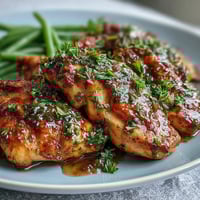 Golden honey mustard chicken with crisp green beans in a tangy glaze, served hot from the oven.