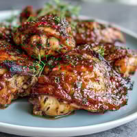 Honey garlic baked chicken thighs with a glossy, sticky glaze, served with fresh parsley and sesame seeds for a flavorful dinner.