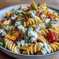 Taco Pasta Salad with Doritos and Avocado Ranch, bursting with colorful veggies and crunchy tortilla chips.