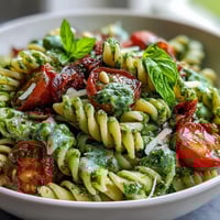 Vibrant Summer Pasta Salad with Pesto and Cherry Tomatoes, fresh basil pesto tossed with al dente pasta and juicy red tomatoes.