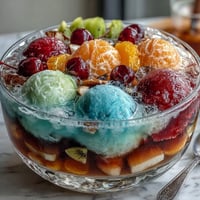 A vibrant rainbow sherbet punch bowl bubbling with lemon-lime soda and tropical pineapple juice, perfect for graduation parties.