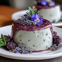 Silky honey lavender panna cotta with a golden honey drizzle, served in a glass with fresh berries and edible flowers.  