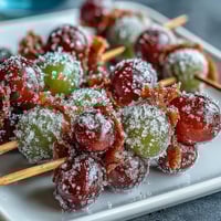 Frozen grape skewers with lime sugar glisten on a chilled tray, perfect for summer parties and refreshing snacking.