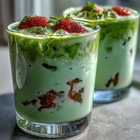 Refreshing strawberry matcha latte with oat milk, vibrant red strawberry puree layered with creamy green matcha for a stunning summer drink.