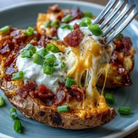Crispy loaded sweet potato skins topped with melted cheddar, crispy bacon, and cool sour cream.  