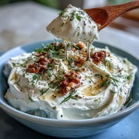 Creamy whipped feta dip with honey, walnuts, and fresh herbs in a shallow bowl, perfect for dipping warm pita or crunchy vegetables.