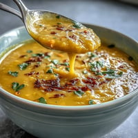 A steaming bowl of golden turmeric lemon lentil soup garnished with fresh cilantro and lemon wedges.  