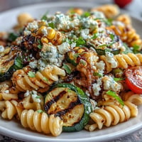 Colorful pasta salad with grilled zucchini, corn, and crumbled Cotija cheese in zesty lime dressing.