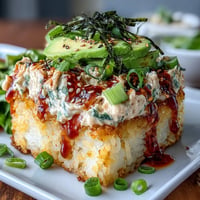 Crispy golden rice squares topped with creamy, spicy tuna and garnished with avocado slices for a sushi bar-style appetizer.