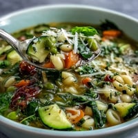 Vibrant Spring Minestrone soup overflowing with colorful vegetables and tiny pasta.