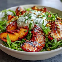 Creamy burrata salad with vibrant grilled peaches and a sweet honey drizzle.