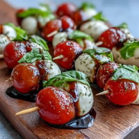 Mini Caprese salad skewers with vibrant basil and glossy balsamic glaze glistening.