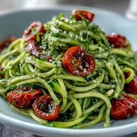 Creamy Zucchini Noodles with Avocado Pesto, a vibrant low-carb vegan dish.
